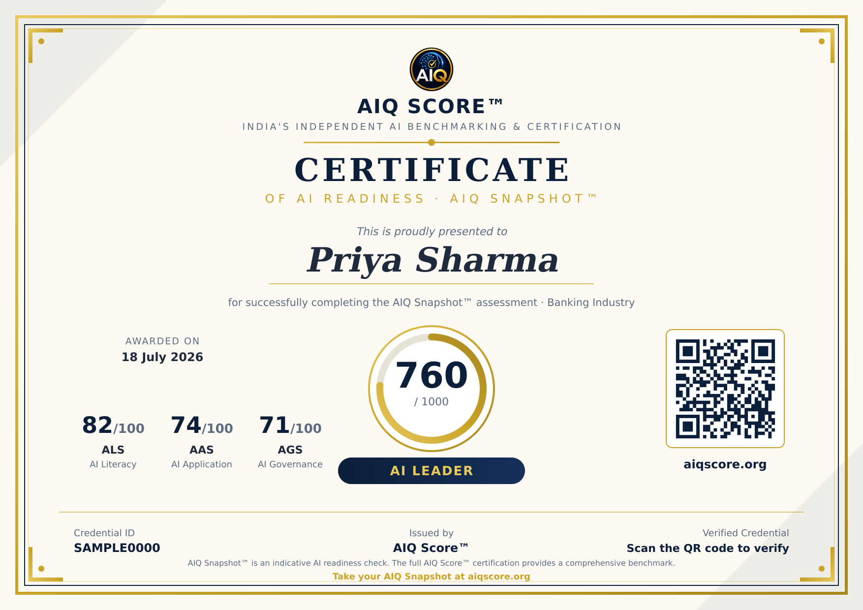 Sample AIQ Snapshot™ Certificate of AI Readiness with AIQ score, pillar scores and QR verification