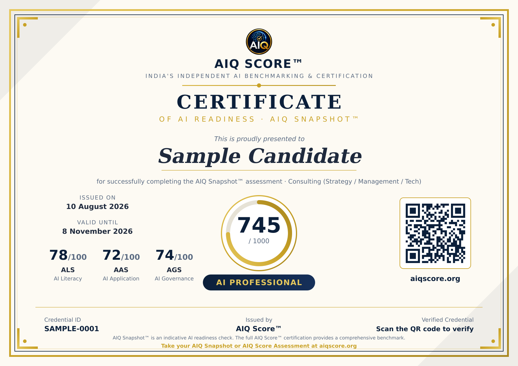Sample AIQ Snapshot™ Certificate of AI Readiness with AIQ score, pillar scores and QR verification